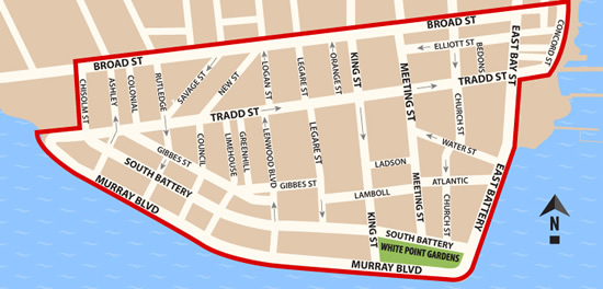 Fun things to do in Charleston : Map of South Of Broad District in Charleston SC.